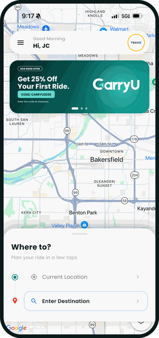 The CarryU rider app showing a map, a promotional offer and the where-to trip planner.